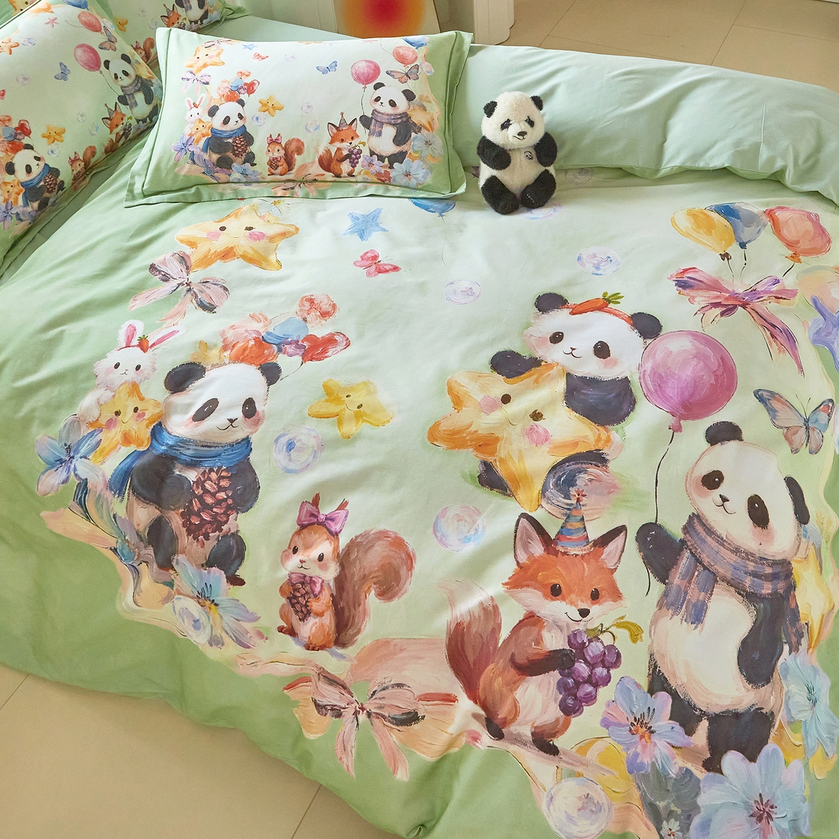 91家纺网 家纺一手货源 找家纺 格里芬家纺 2025新款全棉纯棉加厚油画风大版卡通印花四件套 （控价标准不低于238元） 墨宝妞妞-绿