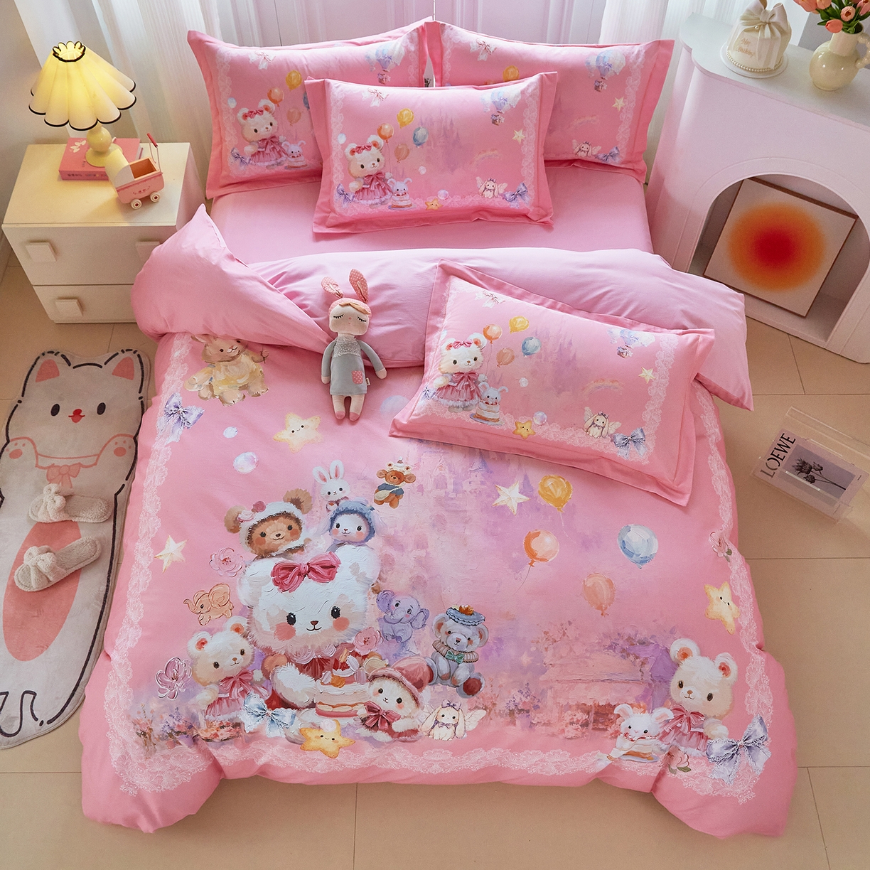 91家纺网 家纺一手货源 找家纺 格里芬家纺 2025新款全棉纯棉加厚油画风大版卡通印花四件套 （控价标准不低于238元） 魔仙宝-粉