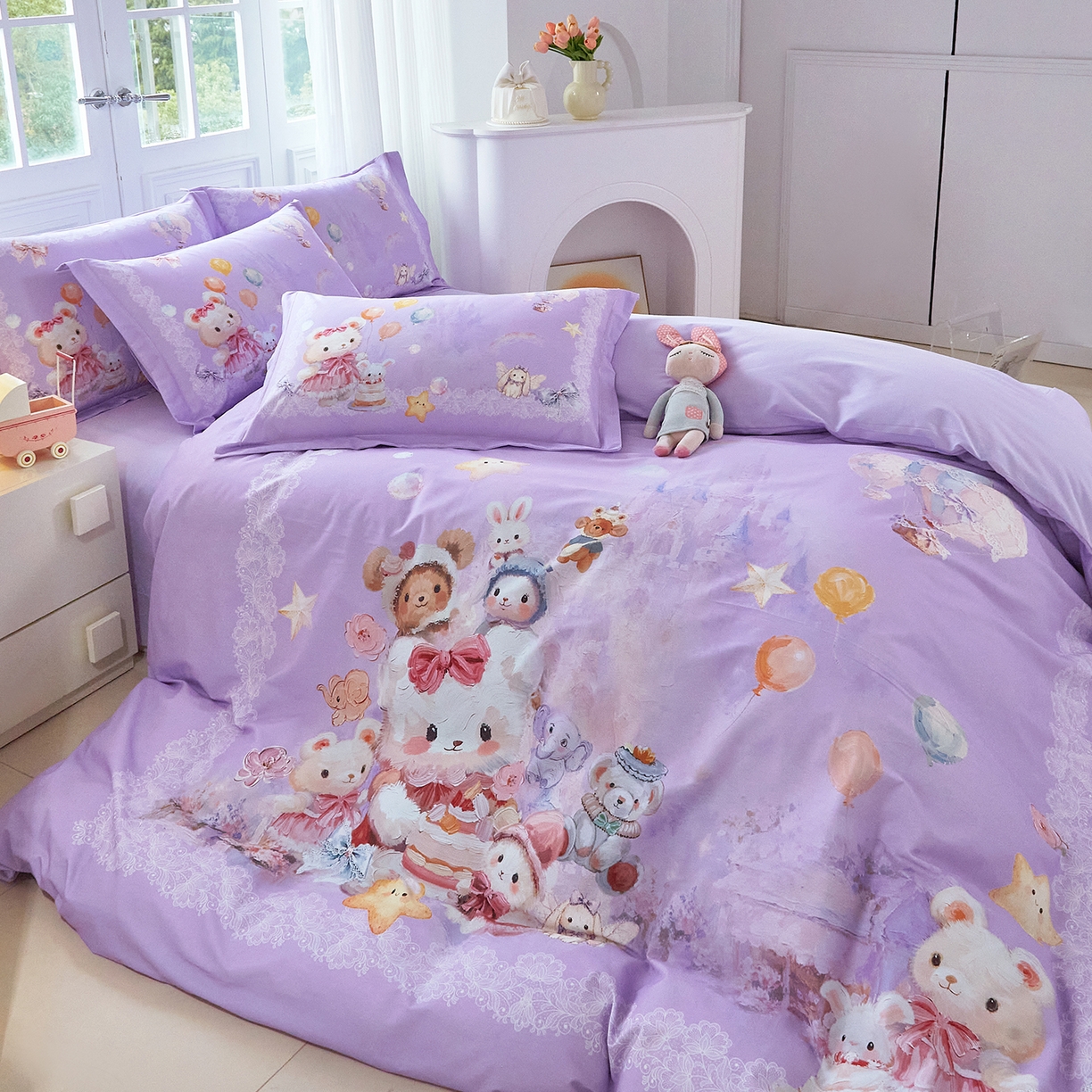 91家纺网 家纺一手货源 找家纺 格里芬家纺 2025新款全棉纯棉加厚油画风大版卡通印花四件套 （控价标准不低于238元） 魔仙宝-紫