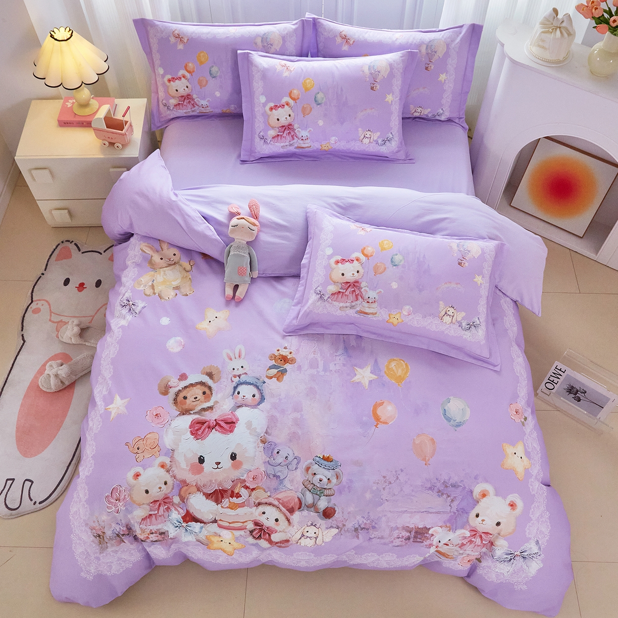 91家纺网 家纺一手货源 找家纺 格里芬家纺 2025新款全棉纯棉加厚油画风大版卡通印花四件套 （控价标准不低于238元） 魔仙宝-紫