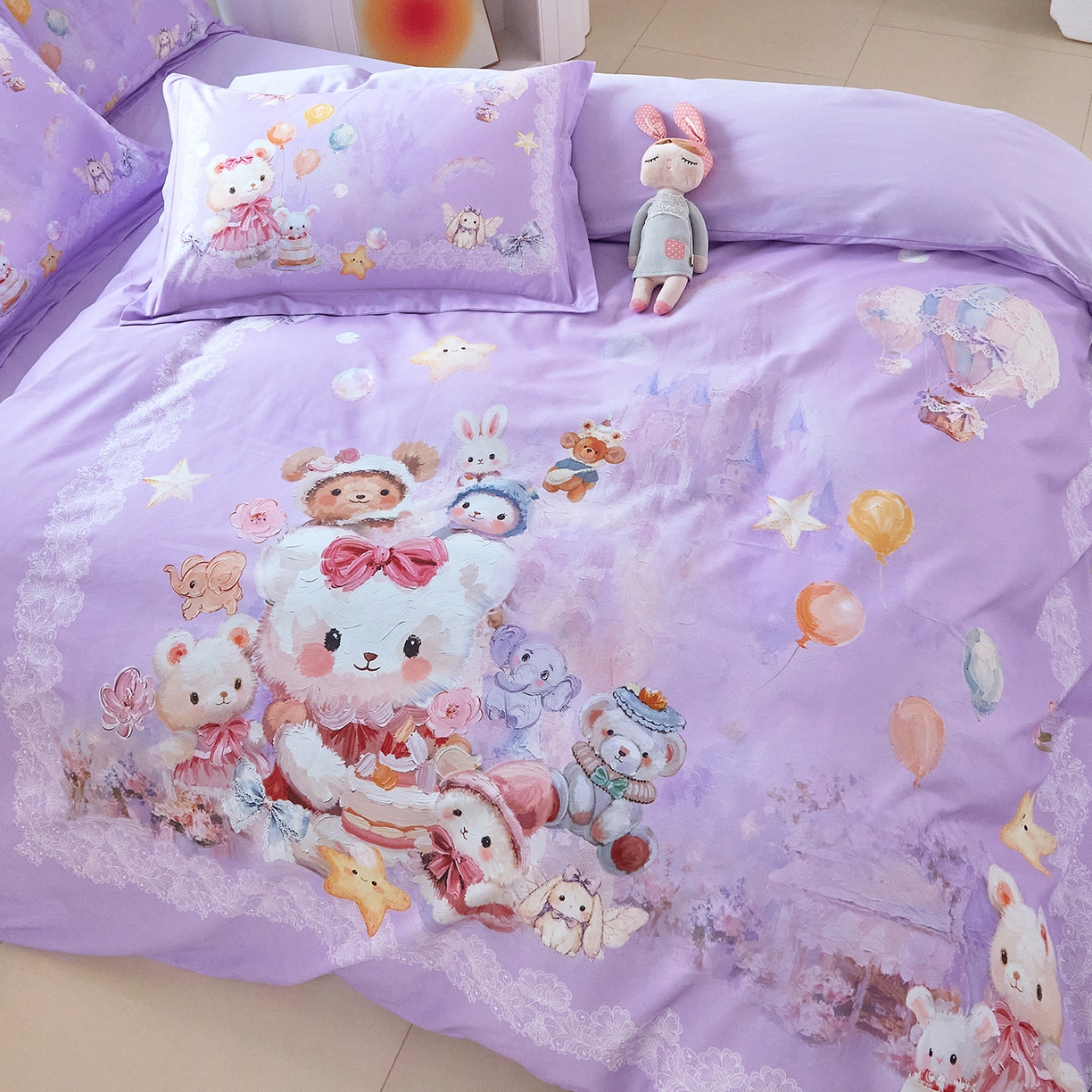 91家纺网 家纺一手货源 找家纺 格里芬家纺 2025新款全棉纯棉加厚油画风大版卡通印花四件套 （控价标准不低于238元） 魔仙宝-紫
