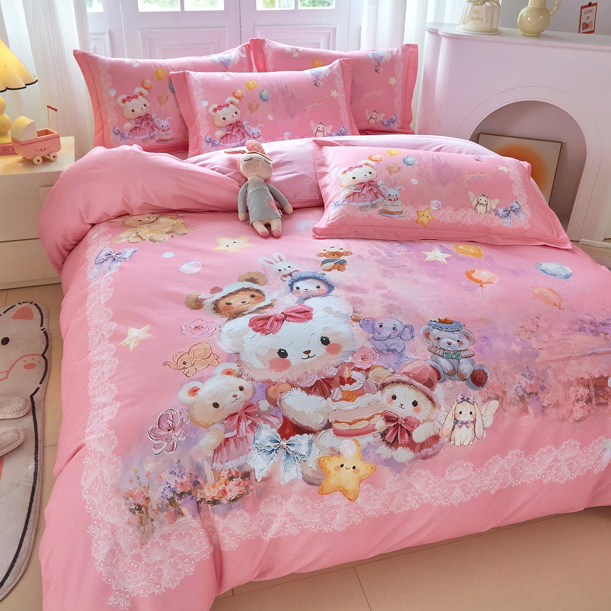 91家纺网 家纺一手货源 找家纺 格里芬家纺 2025新款全棉纯棉加厚油画风大版卡通印花四件套 （控价标准不低于238元） 魔仙宝-粉