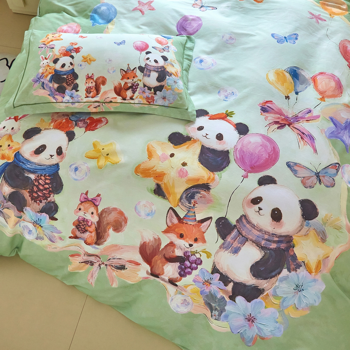 91家纺网 家纺一手货源 找家纺 格里芬家纺 2025新款全棉纯棉加厚油画风大版卡通印花四件套 （控价标准不低于238元） 墨宝妞妞-绿