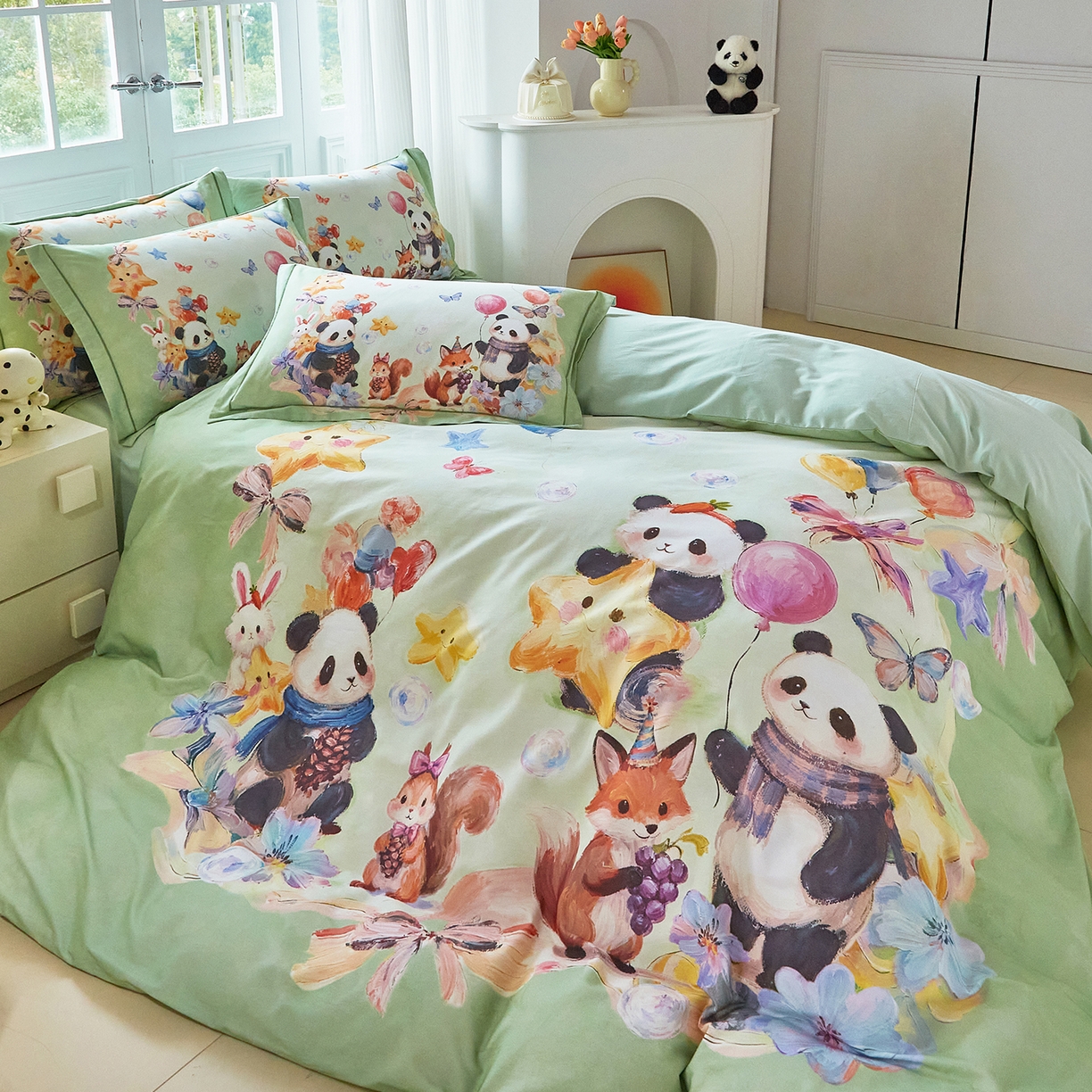 91家纺网 家纺一手货源 找家纺 格里芬家纺 2025新款全棉纯棉加厚油画风大版卡通印花四件套 （控价标准不低于238元） 墨宝妞妞-绿