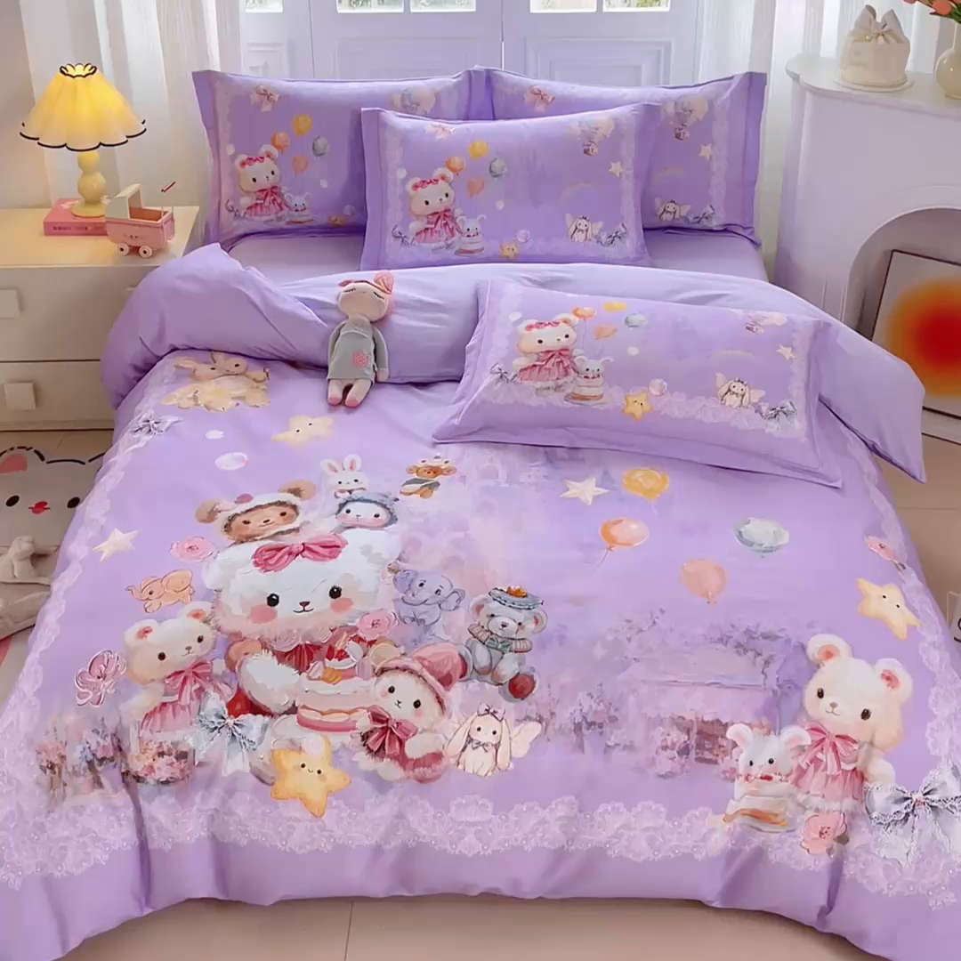 91家纺网 家纺一手货源 找家纺 格里芬家纺 2025新款全棉纯棉加厚油画风大版卡通印花四件套 （控价标准不低于238元） 魔仙宝-紫