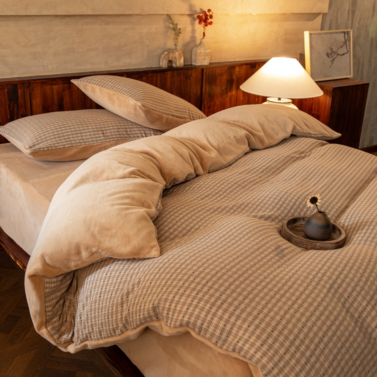 91家纺网 家纺一手货源 找家纺 仰望棉麻双层纱供应链 2025新款棉加绒A版双层纱B版德绒四件套 星冰乐