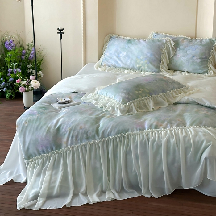 91家纺网 家纺一手货源 找家纺 （总）咏绒家纺工厂店 2025新款莱赛尔法式闺房风雪纺花边款四件套