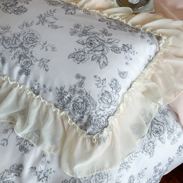 91家纺网 家纺一手货源 找家纺 （总）咏绒家纺工厂店 2025新款莱赛尔法式闺房风雪纺花边款四件套