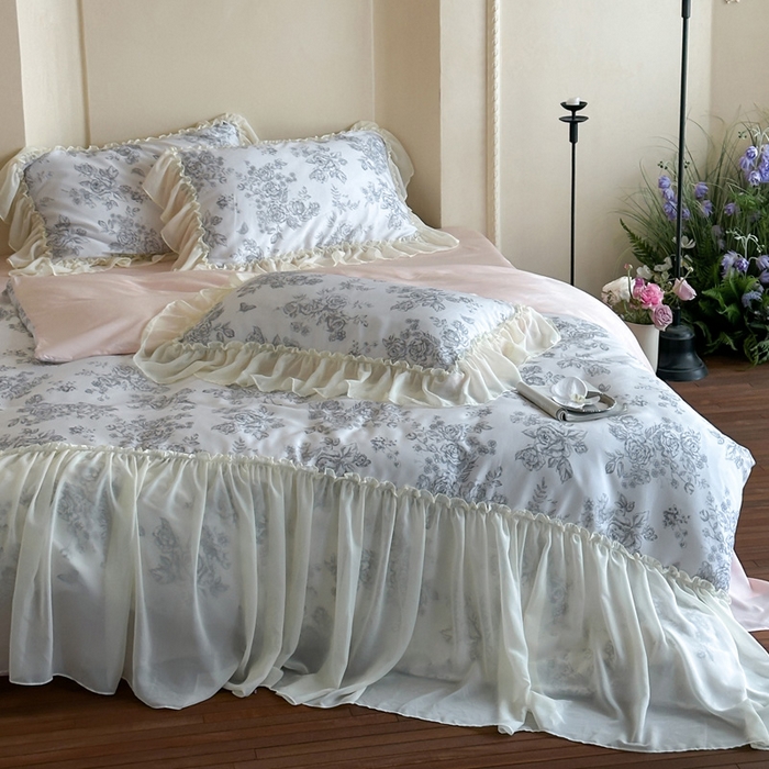 91家纺网 家纺一手货源 找家纺 （总）咏绒家纺工厂店 2025新款莱赛尔法式闺房风雪纺花边款四件套