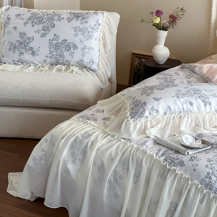 91家纺网 家纺一手货源 找家纺 （总）咏绒家纺工厂店 2025新款莱赛尔法式闺房风雪纺花边款四件套