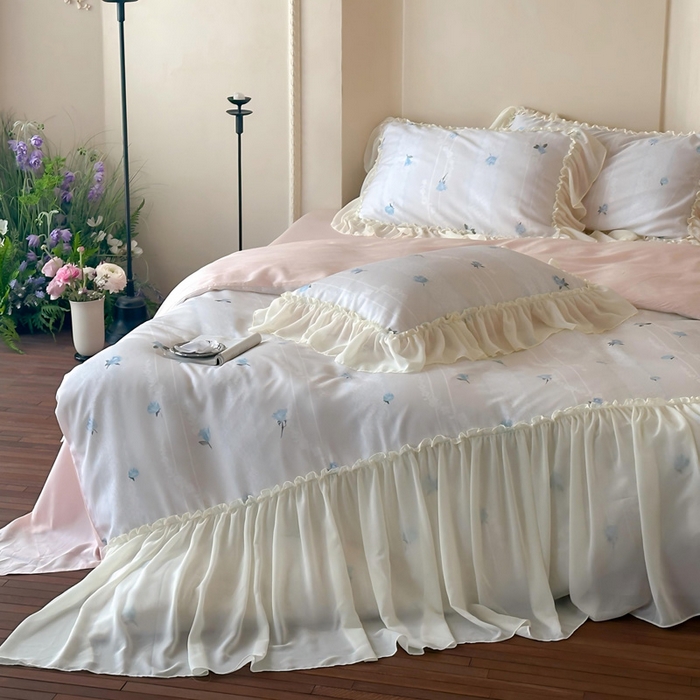 91家纺网 家纺一手货源 找家纺 （总）咏绒家纺工厂店 2025新款莱赛尔法式闺房风雪纺花边款四件套