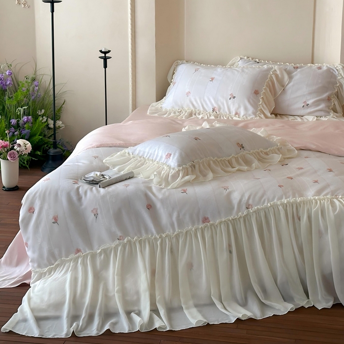 91家纺网 家纺一手货源 找家纺 （总）咏绒家纺工厂店 2025新款莱赛尔法式闺房风雪纺花边款四件套