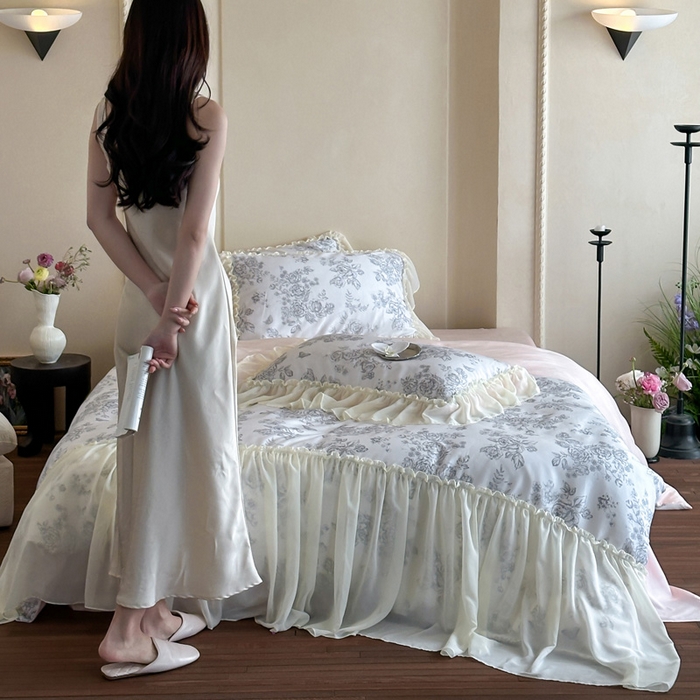 91家纺网 家纺一手货源 找家纺 （总）咏绒家纺工厂店 2025新款莱赛尔法式闺房风雪纺花边款四件套