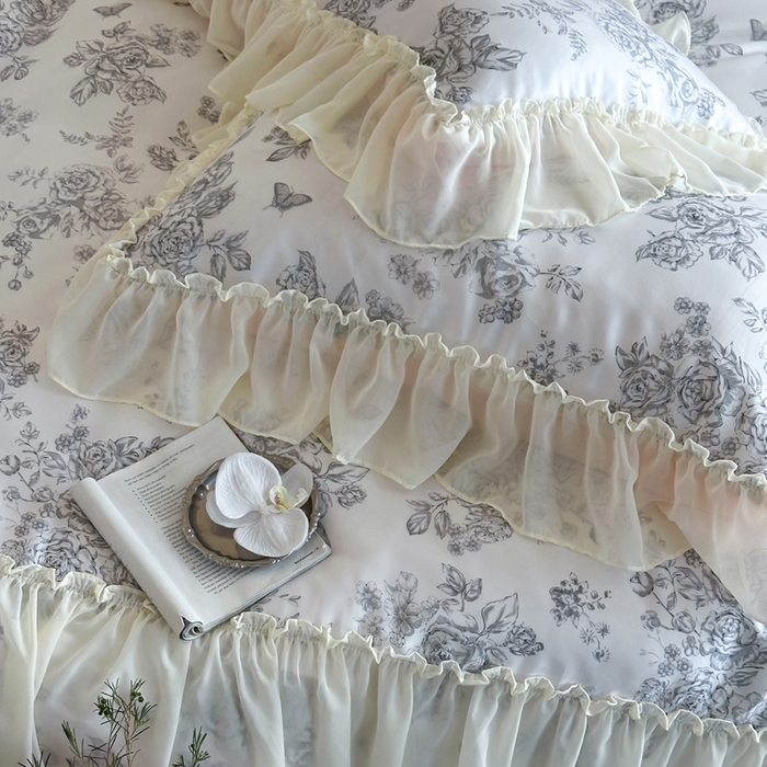 91家纺网 家纺一手货源 找家纺 （总）咏绒家纺工厂店 2025新款莱赛尔法式闺房风雪纺花边款四件套