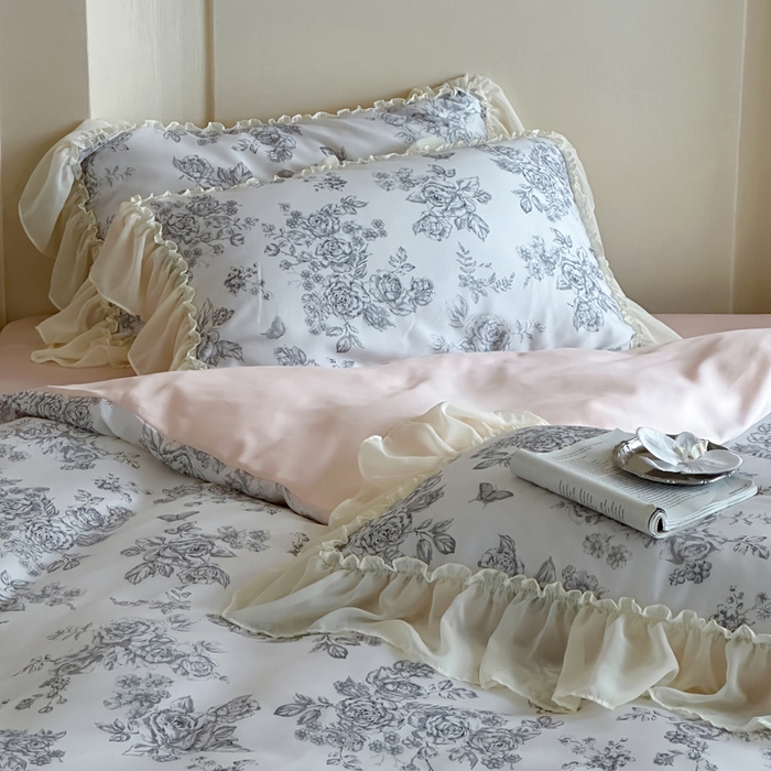 91家纺网 家纺一手货源 找家纺 （总）咏绒家纺工厂店 2025新款莱赛尔法式闺房风雪纺花边款四件套