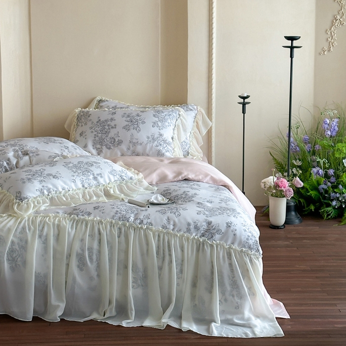 91家纺网 家纺一手货源 找家纺 （总）咏绒家纺工厂店 2025新款莱赛尔法式闺房风雪纺花边款四件套