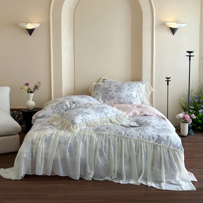 91家纺网 家纺一手货源 找家纺 （总）咏绒家纺工厂店 2025新款莱赛尔法式闺房风雪纺花边款四件套