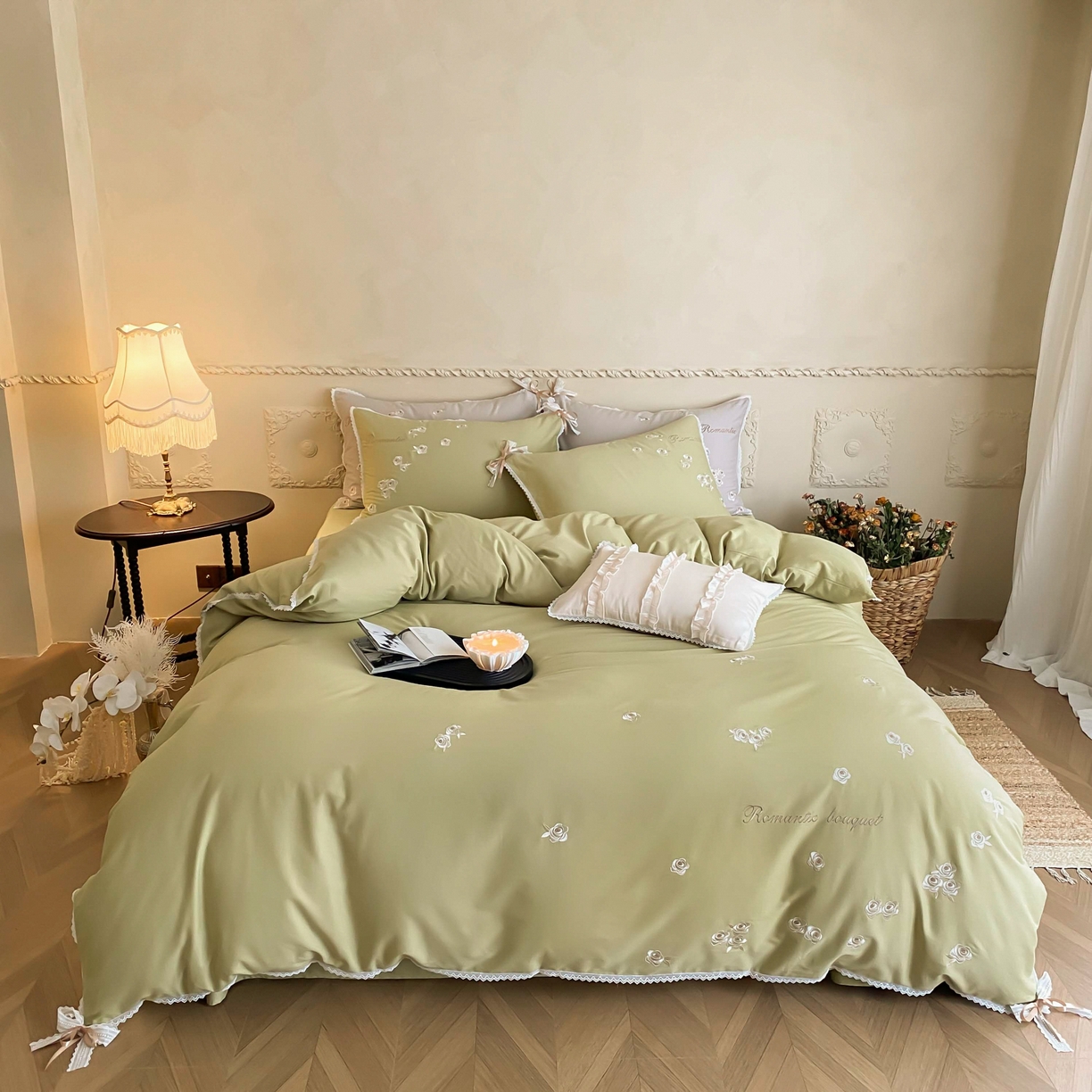 91家纺网 家纺一手货源 找家纺 佳汐蓝家纺 2025秋冬新款新疆长绒棉全棉纯棉刺绣蕾丝四件套-场景一梦幻芭蕾 梦幻芭蕾-绿