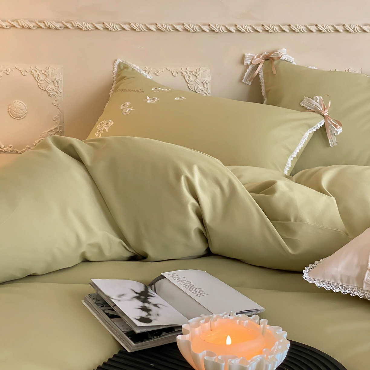 91家纺网 家纺一手货源 找家纺 佳汐蓝家纺 2025秋冬新款新疆长绒棉全棉纯棉刺绣蕾丝四件套-场景一梦幻芭蕾 梦幻芭蕾-绿