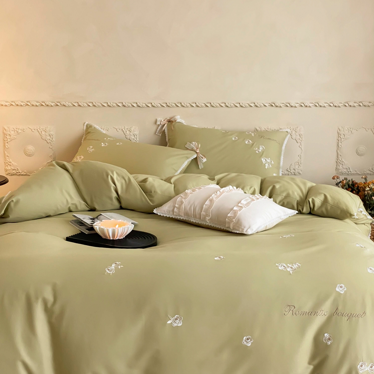 91家纺网 家纺一手货源 找家纺 佳汐蓝家纺 2025秋冬新款新疆长绒棉全棉纯棉刺绣蕾丝四件套-场景一梦幻芭蕾 梦幻芭蕾-绿