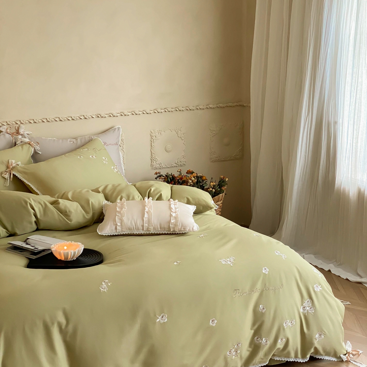 91家纺网 家纺一手货源 找家纺 佳汐蓝家纺 2025秋冬新款新疆长绒棉全棉纯棉刺绣蕾丝四件套-场景一梦幻芭蕾 梦幻芭蕾-绿