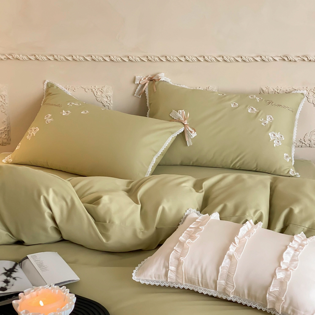 91家纺网 家纺一手货源 找家纺 佳汐蓝家纺 2025秋冬新款新疆长绒棉全棉纯棉刺绣蕾丝四件套-场景一梦幻芭蕾 梦幻芭蕾-绿