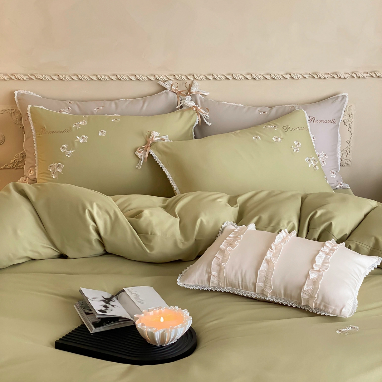 91家纺网 家纺一手货源 找家纺 佳汐蓝家纺 2025秋冬新款新疆长绒棉全棉纯棉刺绣蕾丝四件套-场景一梦幻芭蕾 梦幻芭蕾-绿