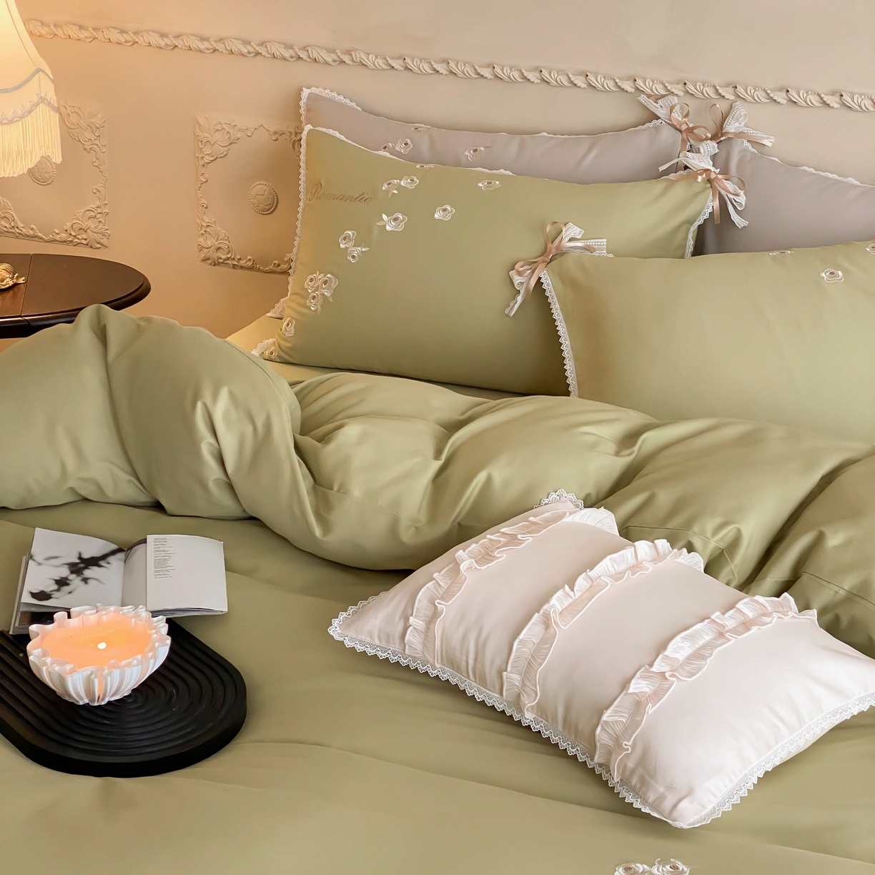 91家纺网 家纺一手货源 找家纺 佳汐蓝家纺 2025秋冬新款新疆长绒棉全棉纯棉刺绣蕾丝四件套-场景一梦幻芭蕾 梦幻芭蕾-绿