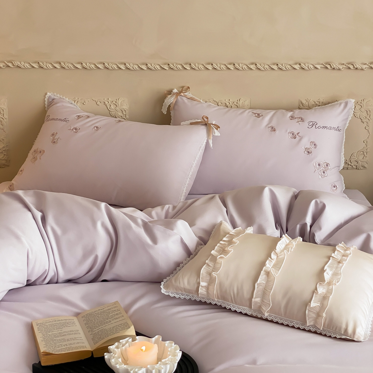 91家纺网 家纺一手货源 找家纺 佳汐蓝家纺 2025秋冬新款新疆长绒棉全棉纯棉刺绣蕾丝四件套-场景一梦幻芭蕾 梦幻芭蕾-紫