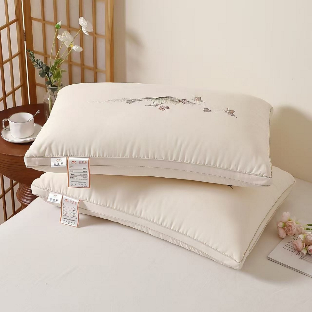 91家纺网 家纺一手货源 找家纺 （总）剑桥枕业 2025新款山水画热熔护颈枕头 高枕 活动跑量促销枕芯