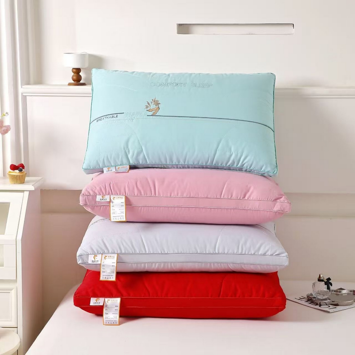 91家纺网 家纺一手货源 找家纺 （总）剑桥枕业 2025新款天然大豆豆荚热熔硬枕头促销红色婚庆枕芯