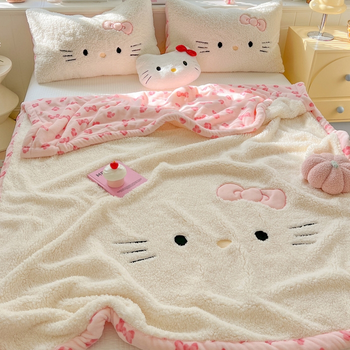 91家纺网 家纺一手货源 找家纺 繁花家居 2025新款羊羔绒牛奶绒绣花喵喵系列毛毯 表情喵-奶白