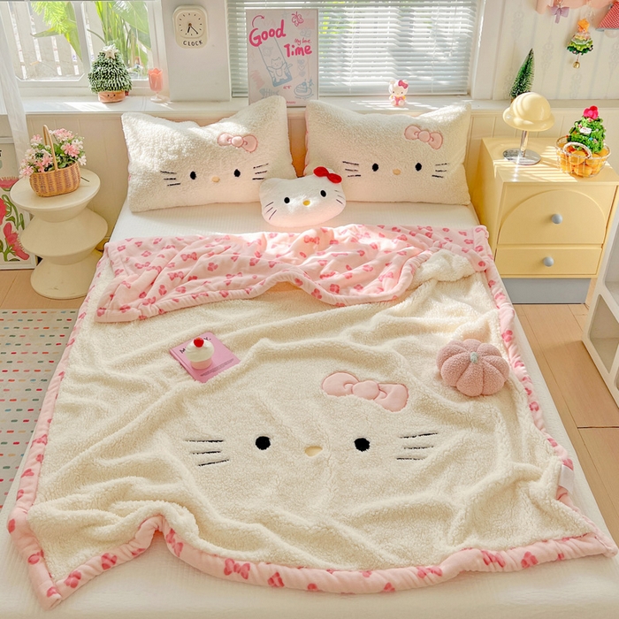 91家纺网 家纺一手货源 找家纺 繁花家居 2025新款羊羔绒牛奶绒绣花喵喵系列毛毯 表情喵-奶白