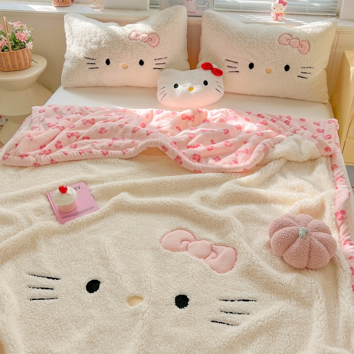 91家纺网 家纺一手货源 找家纺 繁花家居 2025新款羊羔绒牛奶绒绣花喵喵系列毛毯 表情喵-奶白