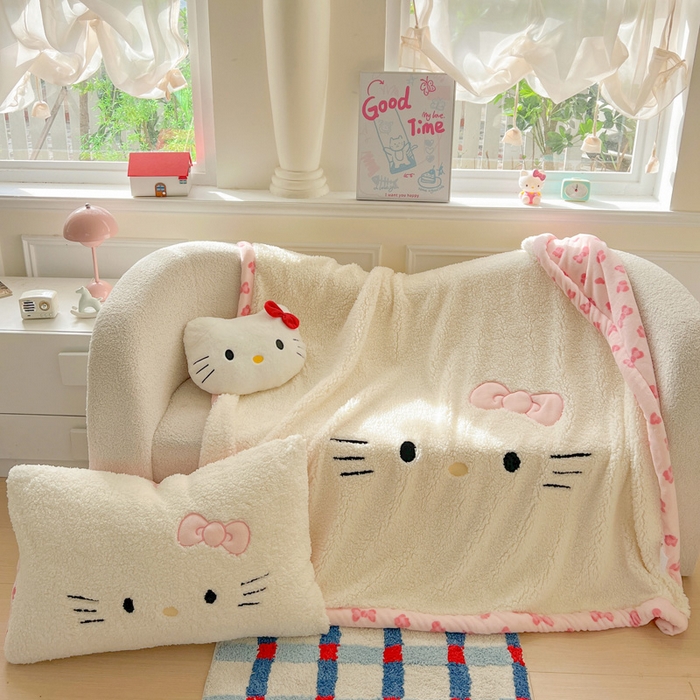 91家纺网 家纺一手货源 找家纺 繁花家居 2025新款羊羔绒牛奶绒绣花喵喵系列毛毯 表情喵-奶白