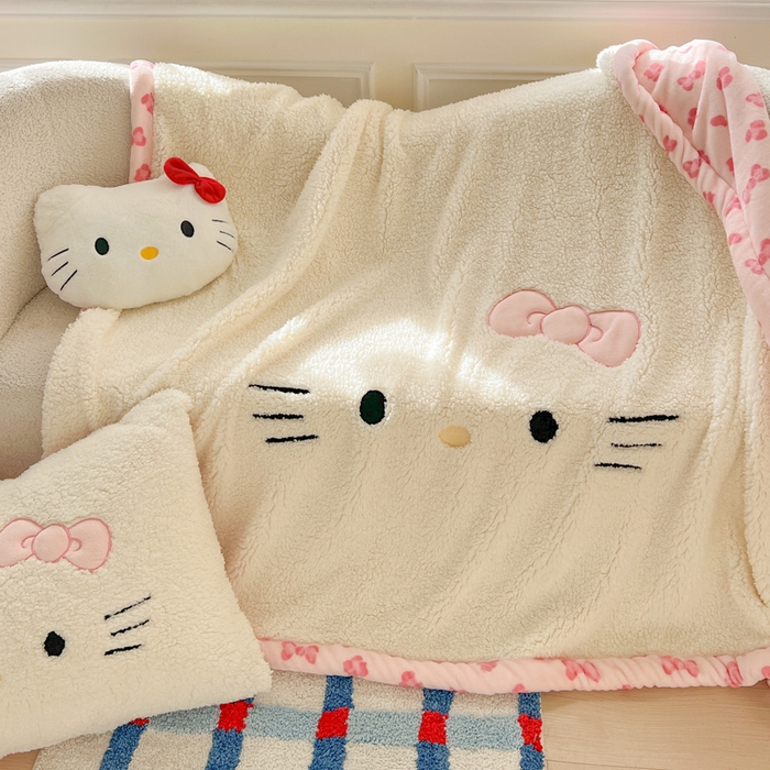 91家纺网 家纺一手货源 找家纺 繁花家居 2025新款羊羔绒牛奶绒绣花喵喵系列毛毯 表情喵-奶白