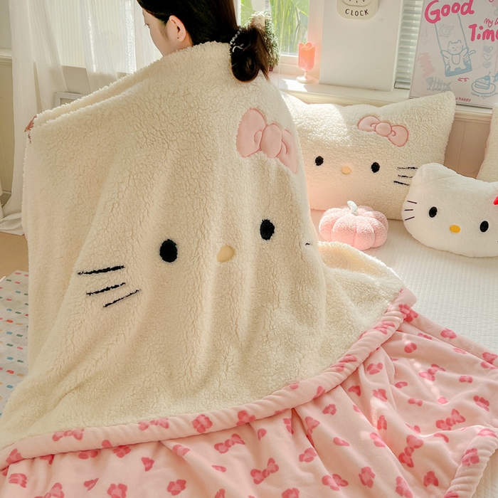 91家纺网 家纺一手货源 找家纺 繁花家居 2025新款羊羔绒牛奶绒绣花喵喵系列毛毯 表情喵-奶白