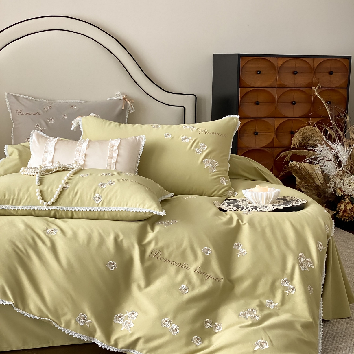 佳汐蓝家纺 2025秋冬新款新疆长绒棉全棉纯棉刺绣蕾丝四件套-场景二梦幻芭蕾 梦幻芭蕾-绿