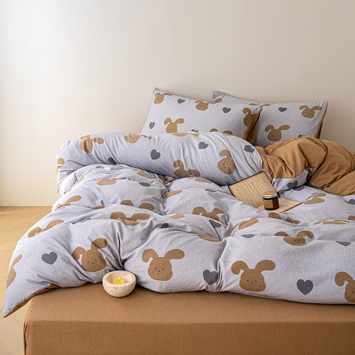 91家纺网 家纺一手货源 找家纺 竹合家纺 2025秋冬新款加厚磨毛色织暖绒系列针织四件套高克重 爱心咖兔