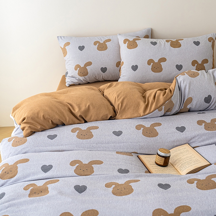 91家纺网 家纺一手货源 找家纺 竹合家纺 2025秋冬新款加厚磨毛色织暖绒系列针织四件套高克重 爱心咖兔