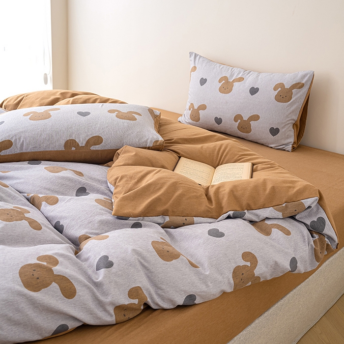 91家纺网 家纺一手货源 找家纺 竹合家纺 2025秋冬新款加厚磨毛色织暖绒系列针织四件套高克重 爱心咖兔