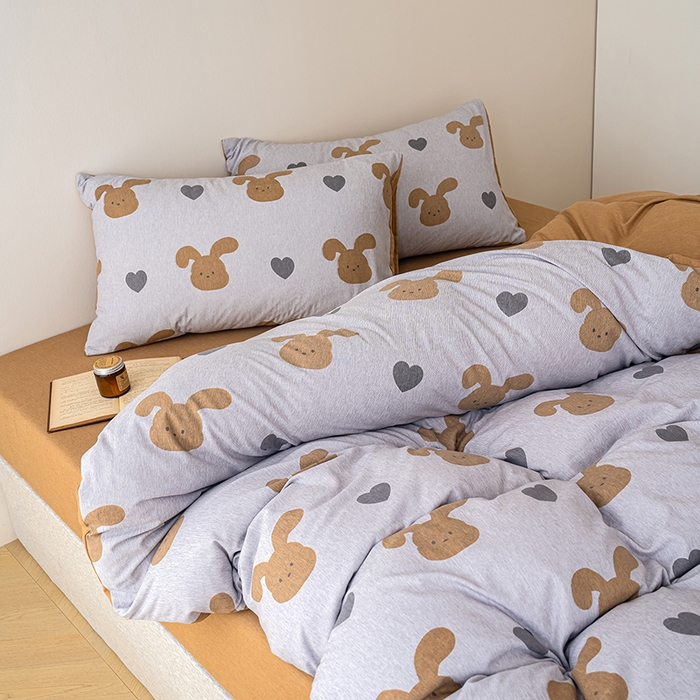 91家纺网 家纺一手货源 找家纺 竹合家纺 2025秋冬新款加厚磨毛色织暖绒系列针织四件套高克重 爱心咖兔