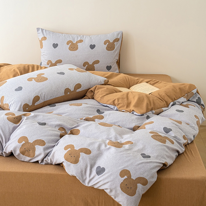 91家纺网 家纺一手货源 找家纺 竹合家纺 2025秋冬新款加厚磨毛色织暖绒系列针织四件套高克重 爱心咖兔