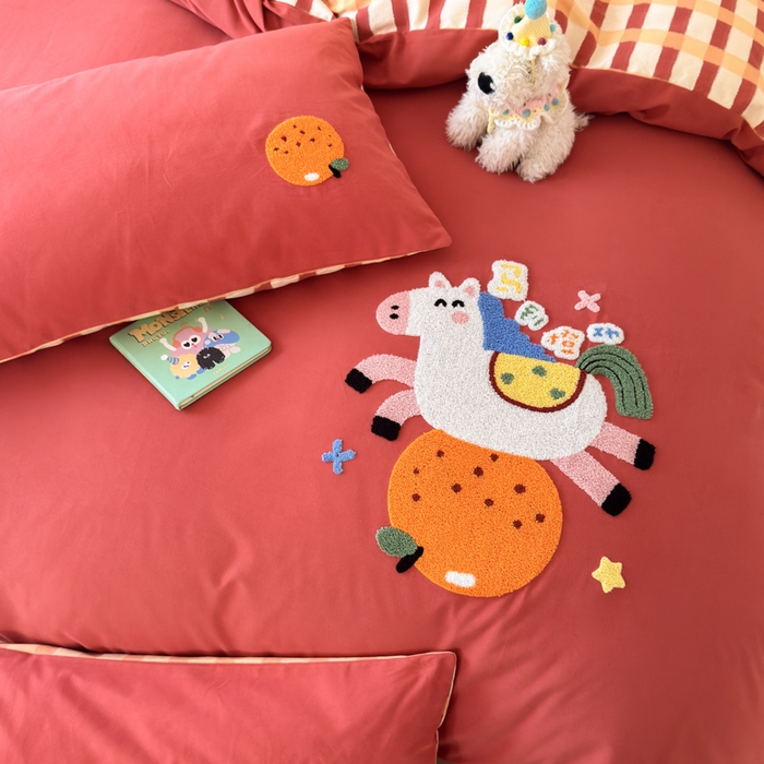 91家纺网 家纺一手货源 找家纺 如意朵 2025新款全棉加厚磨毛绣花四件套风格一（专版花型） 马到橙功