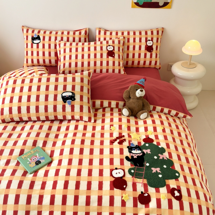 91家纺网 家纺一手货源 找家纺 如意朵 2025新款全棉加厚磨毛绣花四件套风格一（专版花型） 猫和树