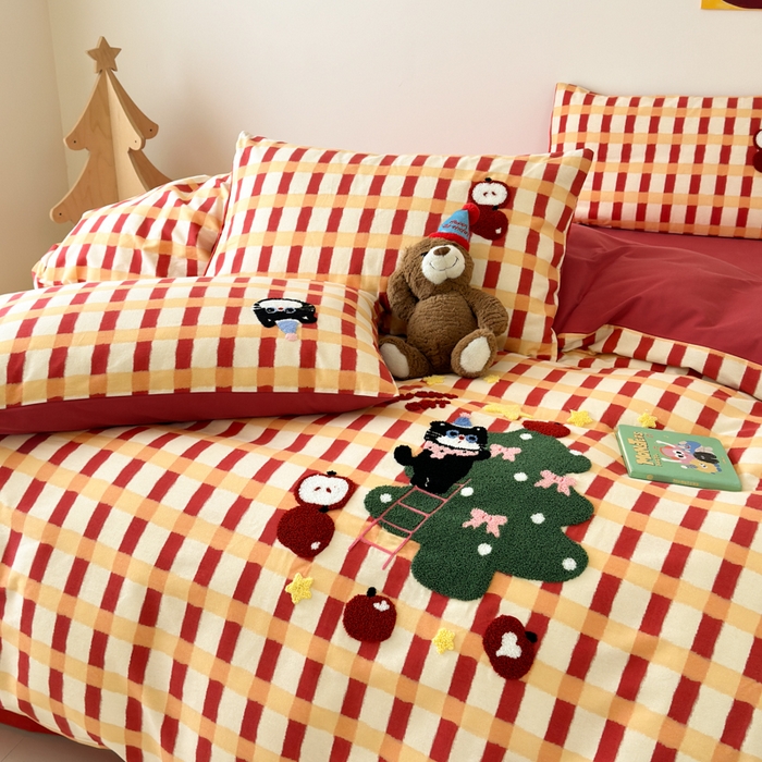 91家纺网 家纺一手货源 找家纺 如意朵 2025新款全棉加厚磨毛绣花四件套风格一（专版花型） 猫和树