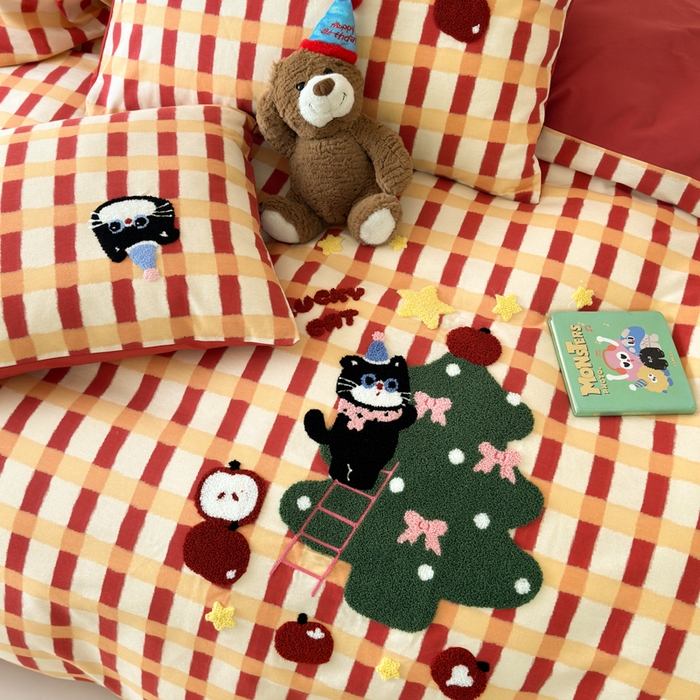 91家纺网 家纺一手货源 找家纺 如意朵 2025新款全棉加厚磨毛绣花四件套风格一（专版花型） 猫和树