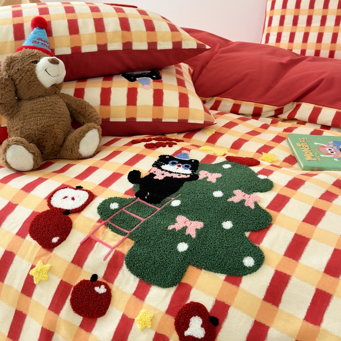 91家纺网 家纺一手货源 找家纺 如意朵 2025新款全棉加厚磨毛绣花四件套风格一（专版花型） 猫和树