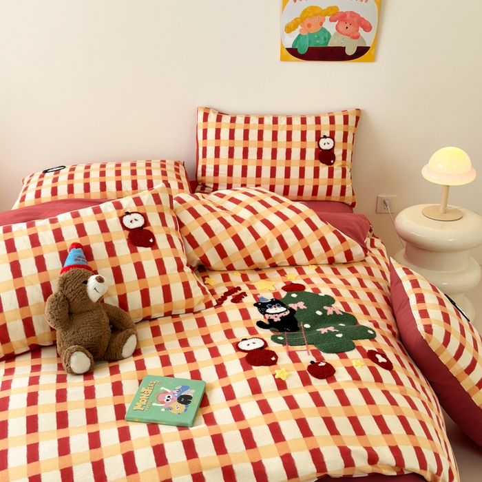 91家纺网 家纺一手货源 找家纺 如意朵 2025新款全棉加厚磨毛绣花四件套风格一（专版花型） 猫和树