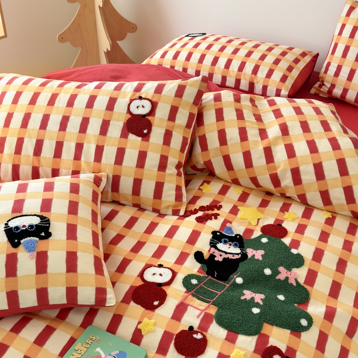 91家纺网 家纺一手货源 找家纺 如意朵 2025新款全棉加厚磨毛绣花四件套风格一（专版花型） 猫和树